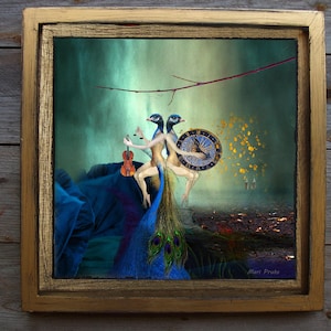 May include: A surreal painting depicting two figures with peacock tails, one holding a violin and the other a clock. The figures are set against a green and blue background with a branch and golden leaves.