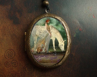 Unicorn Locket/ horse locket/white horse jewelry/lockets/animal lockets/horse and lady/horse pendant/white horse art/oval locket/Horse art