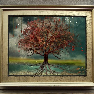 Violin Tree 8x10/ Framed/ Original art/ Limited Edition Print/ mixed media/ photography/drawing/tree art/yellow violin/ music tree/ tree