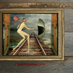 Pandemic City Girl 8x10/Framed /Limited Edition/ Mixed Media/ Photography/digital/wall art/Surreal art/lady with umbrella/train tracks/lady