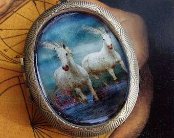 White Horse Locket/ Mixed Media/ Found Objects/ horse locket/ white horse pendant/ horse locket/ rustic horse jewelry/ horse jewelry/horse