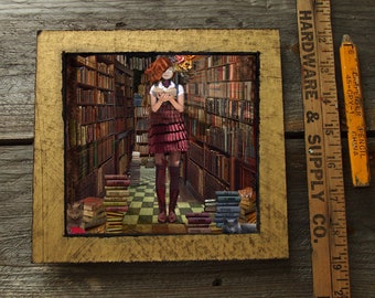 Book Lover/8x8/matted/original art/digital art/ mixed media/ photography/ Surreal Art/ reading art/cats and books/library/book lover/reading