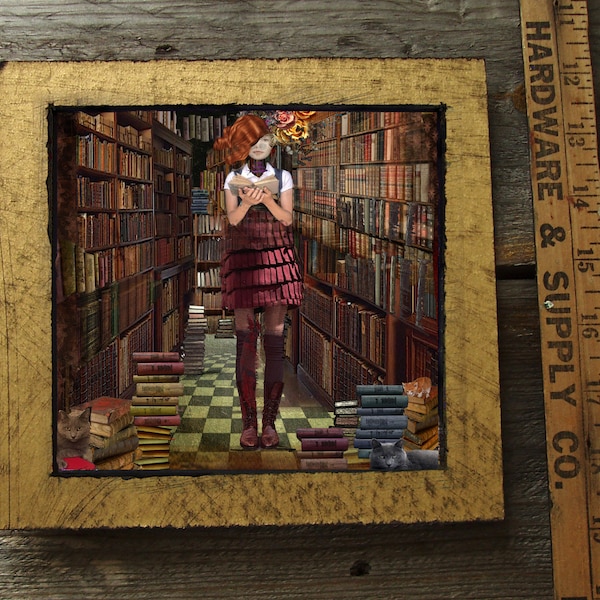 Book Lover/8x8/matted/original art/digital art/ mixed media/ photography/ Surreal Art/ reading art/cats and books/library/book lover/reading