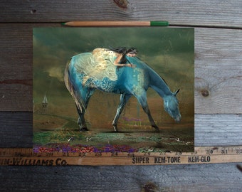 Young Woman Riding Blue Horse / print/8x10/ Original art/ limited edition/ mixed media/ photography/ fine art/horse art/horse print/art