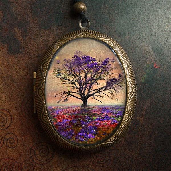 Tree of Life Locket/ Mixed Media/ Found Objects/purple tree/ oval tree locket/ tree lover gift/ tree jewelry/ mothers day gift/ tree pendant