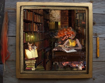 Writer/ 8x8/ framed/Limited Edition/Mixed Media/Photography/Digital/Wall Decor/cat art/ writer/ poet/literature art/ red hair lady/cat art