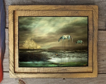 Two Blue Horses/8x10 Framed/ Original Art/ Limited Edition/mixed media/ digital/ photography/ drawing/ wall art/horse art/surreal horse art