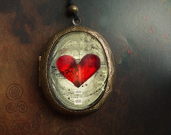 Red Heart Locket/rustic heart locket/oval heart locket/ heart jewelry/valentines pendant/heart/brown cat/heart necklace