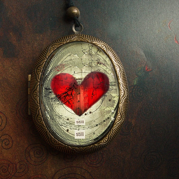 Red Heart Locket/rustic heart locket/oval heart locket/ heart jewelry/valentines pendant/heart/brown cat/heart necklace