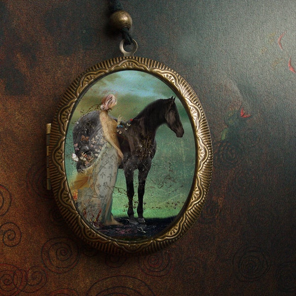 Lady and Black horse locket/horse gift/ oval horse pendant/horse lovers gift/black horse/ horse locket/horse and girl/horse jewelry