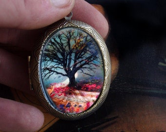 Beautiful Tree Locket/ Mixed Media/ Found Objects/oval tree locket/ locket with a tree/ large tree pendant/ large locket/mothers day gift