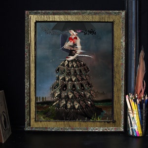 May include: A framed illustration of a woman in a black and gold dress with a peacock feather design. She is holding a red heart and standing under a black umbrella. The background is a dark blue sky with white clouds.