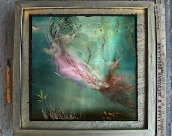 Under Water 8x8 Framed/mixed media/ photography/swimming art/ lady in the water art/Ophelia/red headed lady/ water lady/swimming/drowning