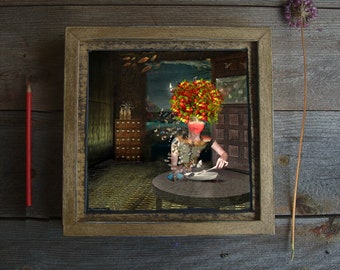 Pandemic Meal 6x6/Framed/original art/digital art/ mixed media/ photography/ Surreal Art/ fine art framed/ framed art/Eating out/butterfly