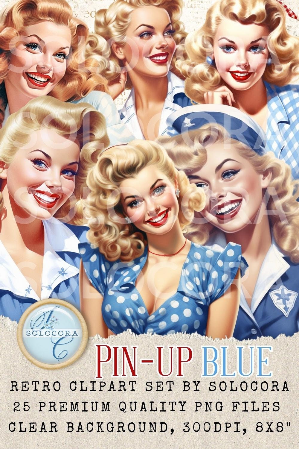 25 Vintage Retro Pin-up Girls Blue American Pin-up Girls Digital ...