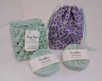 Gift Set with 2 sets of scrubbies and one of my new textured soap savers in a reusable fabric gift bag.