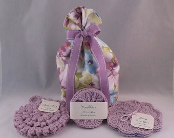 spa set, lilac spa set, bath set, Mothers day gift set, scrubbies, soap saver, gift set, bath gift set, zero waste, re-usable gift bag.