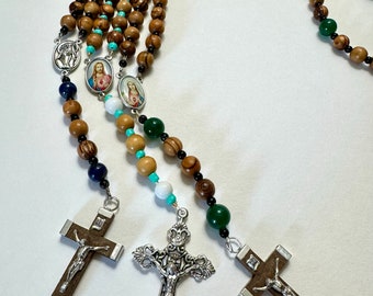 Olive wood White Gemstone Bethlehem Rosary with italian centerpiece and cross and natural white Jade beads...stunning!