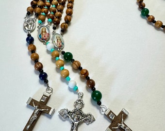 Olive wood Blue Gemstone Rosary from Bethlehem with Italian centerpiece and cross and natural Lapis Lazuli blue beads...Stunning!
