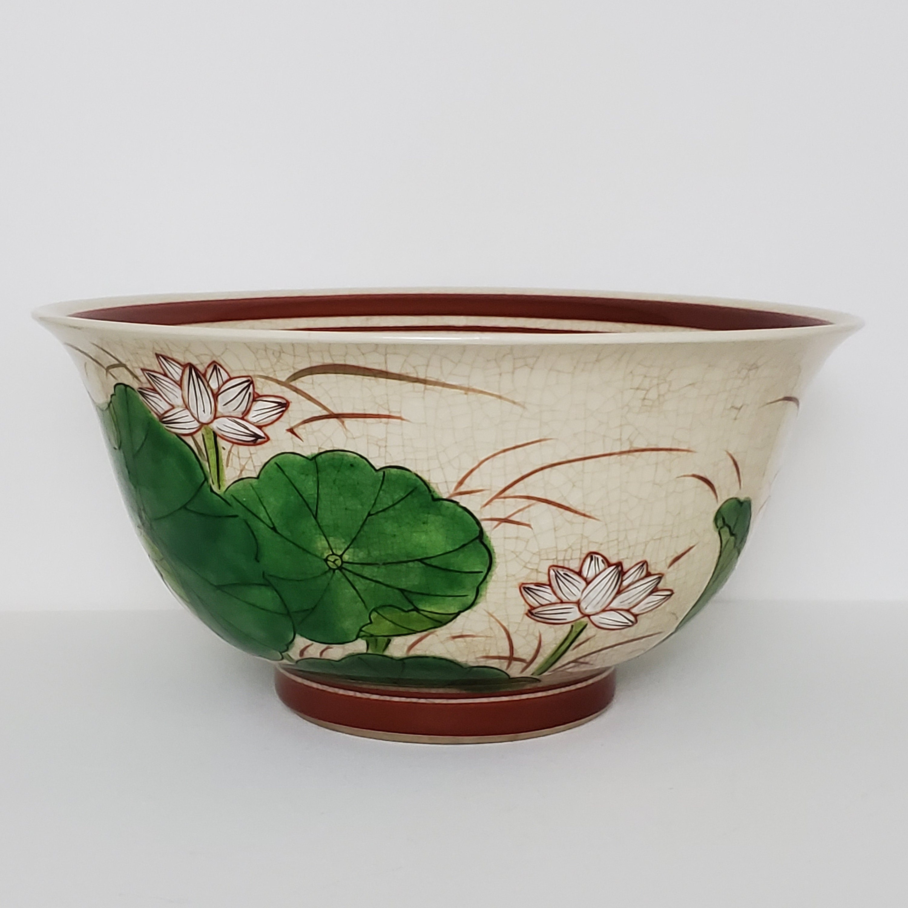 Vintage Japanese Pottery Crackle Glaze With Hand Painted Lotus Etsy