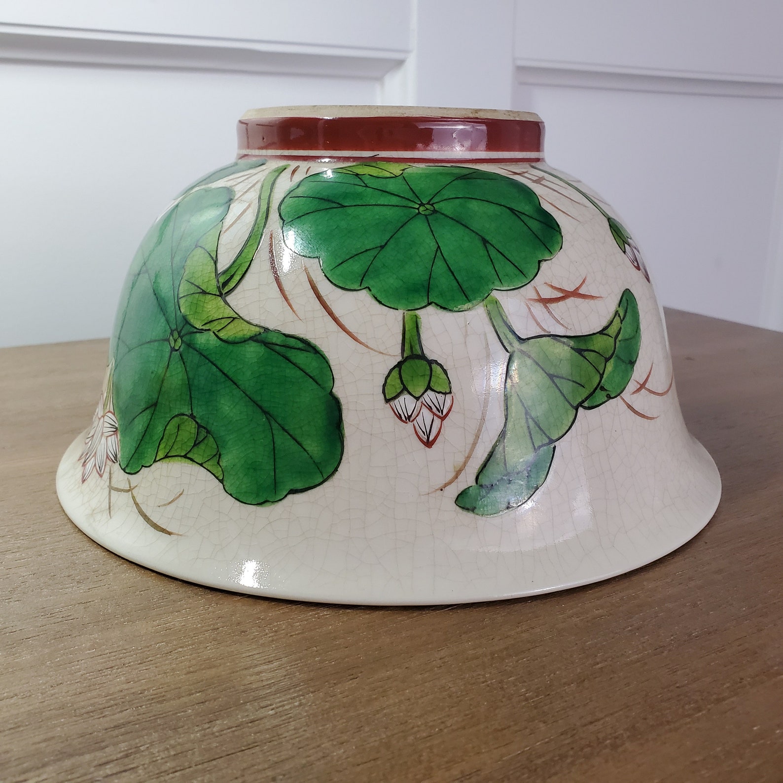 Vintage Japanese Pottery Crackle Glaze With Hand Painted Lotus Etsy