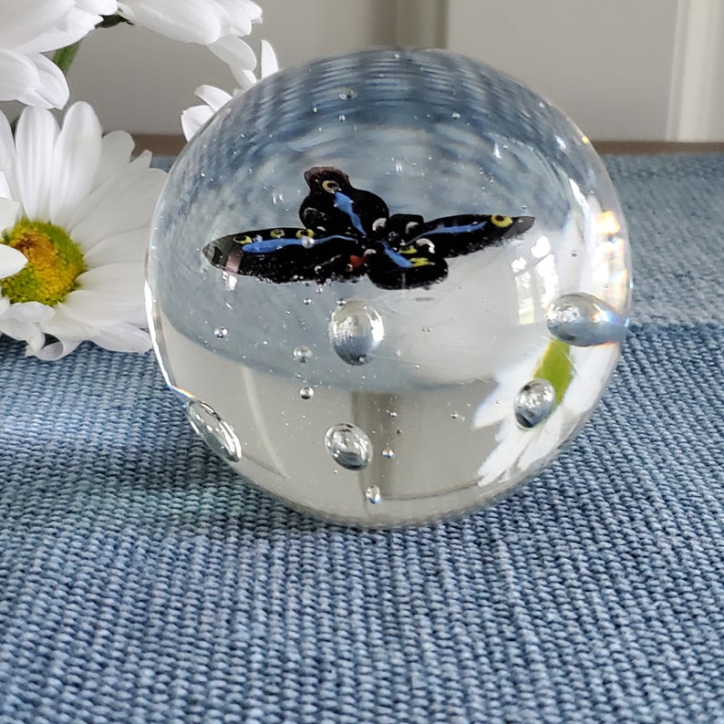 Vintage Large Handblown Butterfly and Bubbles Glass Paperweight