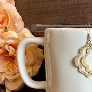 Etched Gold Quatrefoil Dangle Earrings, gold quatrefoil earrings, gold earrings, gold dangle earrings, quatrefoil earrings