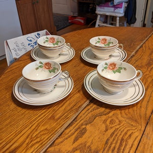 Four Sets Mid-Century Salem Mount Vernon 2-3/8&quot; Cups & 6-1/8&quot; Saucers. Strong Gold. Light Crazing. INV#0928