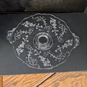 Elegant Glass Floral Etching 8-1/2&quot; Footed Plate. 10&quot; Handle to Handle. Maker Unknown. Nice Undamaged Condition, No Scratches. INV#1302