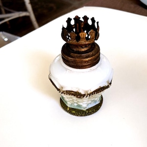 Victorian-Era 2-5/8" " Milk Glass Mini-Lamp Base, Basket-Weave Pattern, Gold Accents, Burner is missing the Wick Stem.  INV#1306B