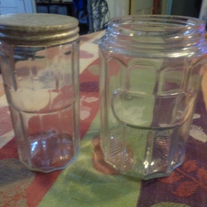 Pair, Circa 1920-30&#39;s Kitchen 5-1/8&quot; Cannister Jars. The Smaller 2-1/4&quot; One With Lid. The other is 3-1/4&quot;. INV#0555