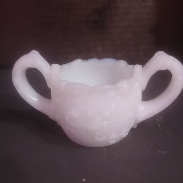 Early 20th Century Milk Glass 1-3/4" Open Sugar, Embossed Florals, Opalescent Edges. Undamaged. INV#0713