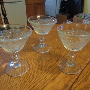 Three Duncan & Miller Circa 1925-65 Sandwich 5&quot; Champagne/Tall Sherbets. Each Slightly Different (Interesting, Yes?) No Damage. INV#0741