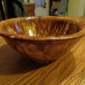 Late 19th-Early 20th Century Brown & Yellow Footed Spatterware 6-1/4&quot; Bowl. Tapered Side. Undamaged. Some Crazing. &quot;168&quot; On Bottom. INV#1016