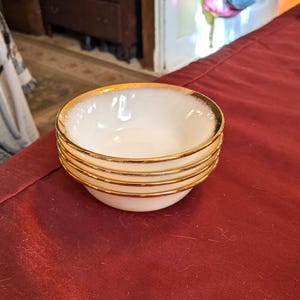 Four Circa 1963-70's Hocking Golden Shell 4-7/8" Dessert Bowls. Outstanding Condition, Like New Gold Trim. INV#1275a