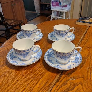 Four Sets Rosina Bone China 2-5/8&quot; Cups and 5-1/2&quot; Saucers. Blue Floral on White, All Undamaged, with strong gold trim. Gorgeous! INV#0947