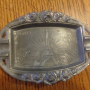 Pre-WWII Pewter 4-7/8&quot; X 3-3/8&quot; Ash Tray, &quot;Paris&quot; Showing Eiffel Tower. No Damage. Appropriate Bottom Surface Wear. INV#0390