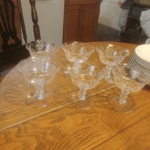 Six A.H Heisey Mid-Century Orchid 5025 #507 Etching 4&quot; Sherbet Stems. Great Undamaged Condition and Crystal Clear!  INV#1565
