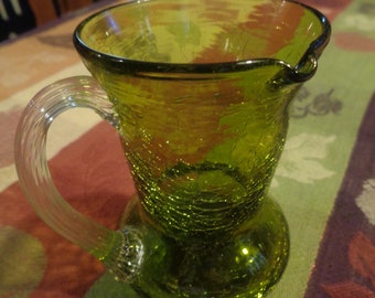 Circa 1950-60's Green Crackle Glass 3-3/4" Blown Glass Pitcher, Applied Ribbed Handle. Great Condition. INV#0548