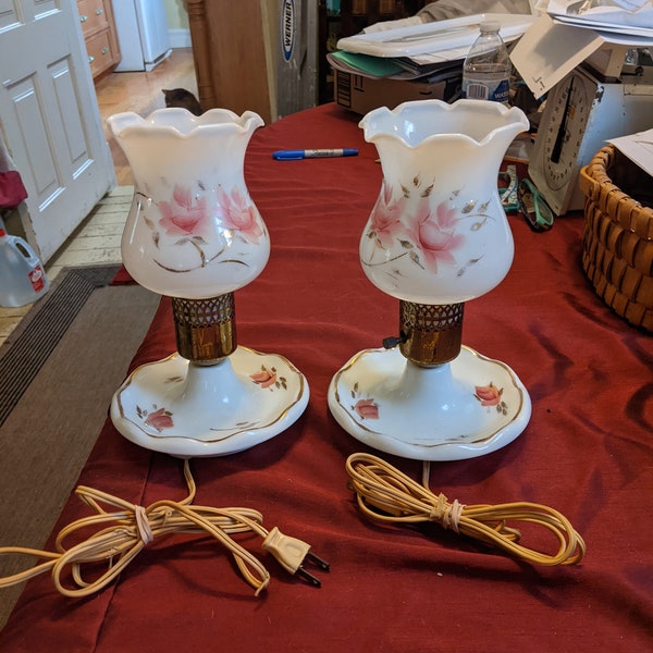Mid-century pair, milk glass boudoir lamps, 9-1/2" hand painted pink roses with gold trim on base.  Original cords, INV # 1305.