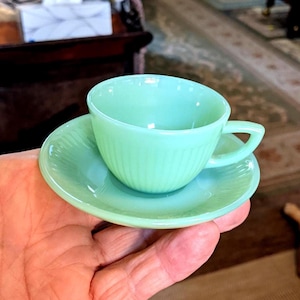 2 Mid-Century Anchor Hocking Jane Ray Jade-Ite Demitasse Cup & Saucer Sets Plus 1 Saucer. 1-5/8" Cups, 4-1/8" Saucers. Undamaged. INV#1859E