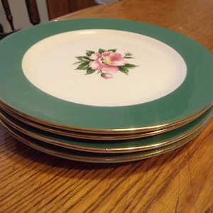 Four Mid-Century 7-1/4" Desert/Pie Plate, By Homer Laughlin/Alliance. Cavalier Shape, Gold Rim. Awesome Undamaged Condition. INV#0995