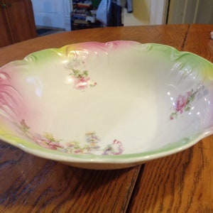 Vintage Porcelain Vegetable Bowl, 8-5/8&quot;, varieties of flowers, pink and green lustre treatment.