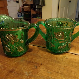 Vintage Open Rose Green-Gold (Nu-Green) Open Sugar and Creamer by Imperial Glass-OHIO  Pattern Code: IMCOPERGG