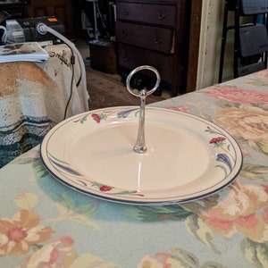 Lenox Chinastone Poppies on Blue 10-3/4&quot; Serving Tray, Chromed 4-3/4&quot; Loop Handle. Excellent Condition, No Damage or Trim Wear. INV#0880