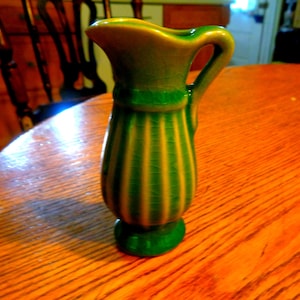 Mid-Century 4" Miniature Green Striped Pottery Ewer. Undamaged. Typical Crazing. INV#0754