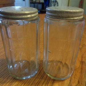 Pair of Matching Vintage 4&quot; Shakers, With Different, but Appropriate Lids. The Salt has Some Light Cloudiness. INV#0559
