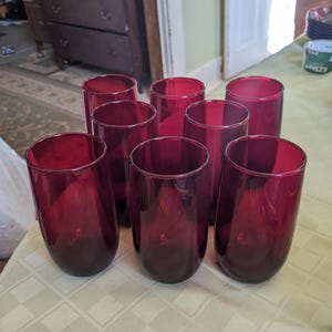 Eight Mid-Century Hocking Royal Ruby Roly Poly 5" Flat Iced Tea Tumblers. Nice Undamaged Condition. INV#1836
