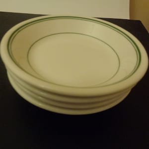 Four (4) McNicol Green Band Restaurant Ware 4-4/4&quot; Sauce or Berry Bowls. 1&quot; Deep. Super Undamaged Condition. INV#0138, Listing 5 Lots!