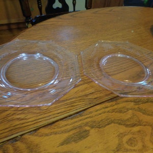 Pair, Circa 1920-30&#39;s Cambridge Pink Decagon 7&quot; Salad Plates, Etched Flowers and Leaves. Ground and Polished Base Ring Super Nice! INV#0572